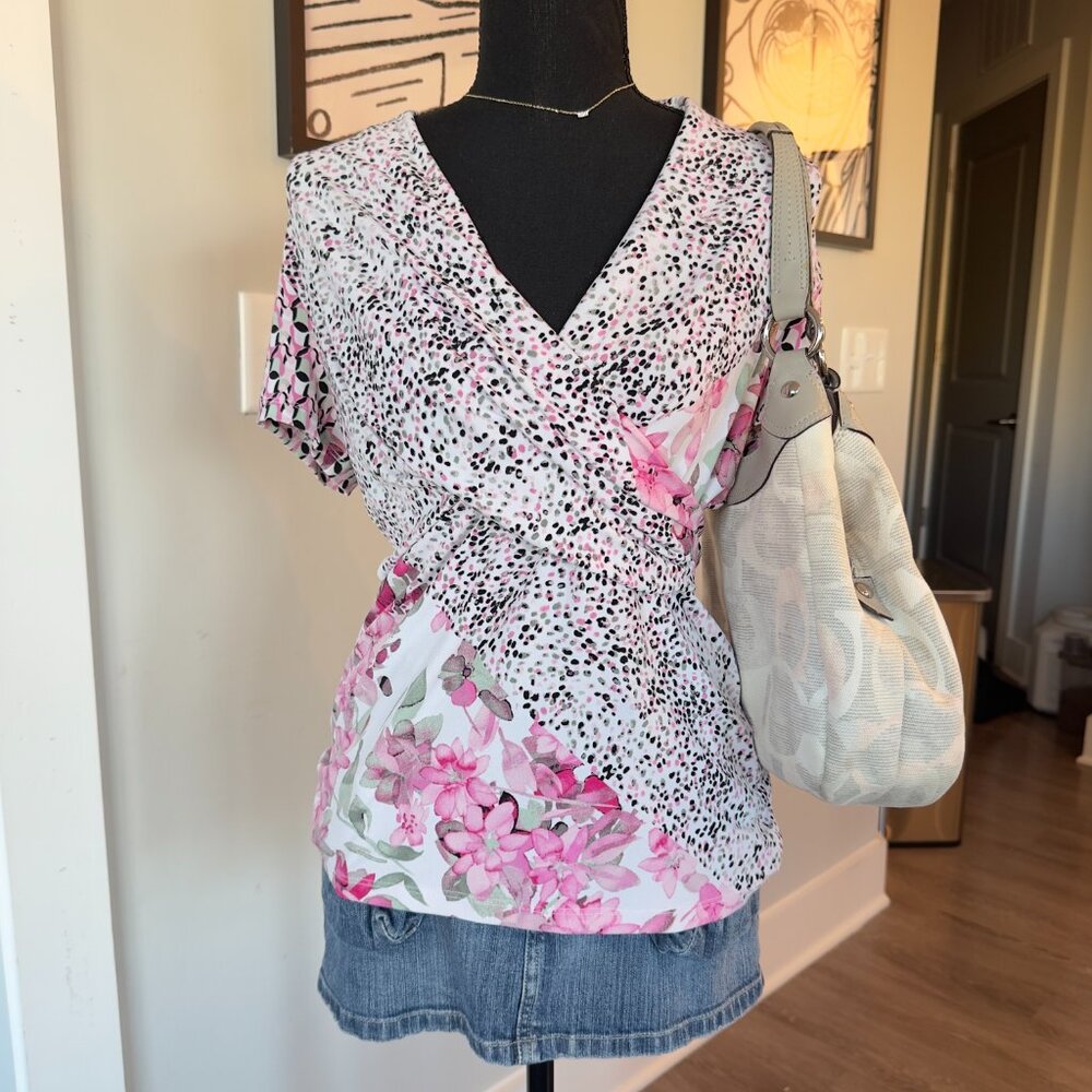 Vintage Y2K Blouse \ DKNY Mixed Print Wrap Top in Pink and White
